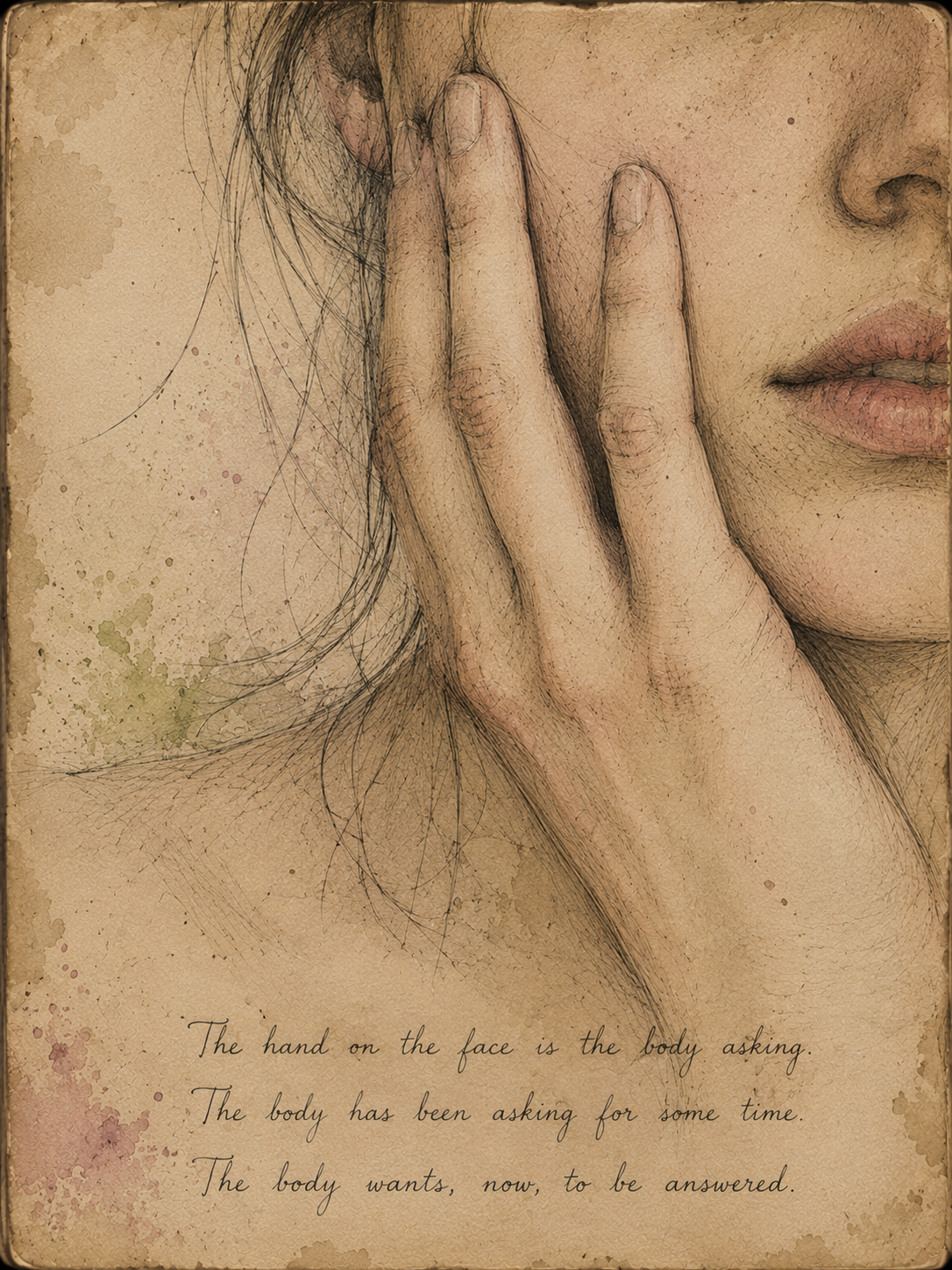Watercolor close-up artwork of a hand against a face
