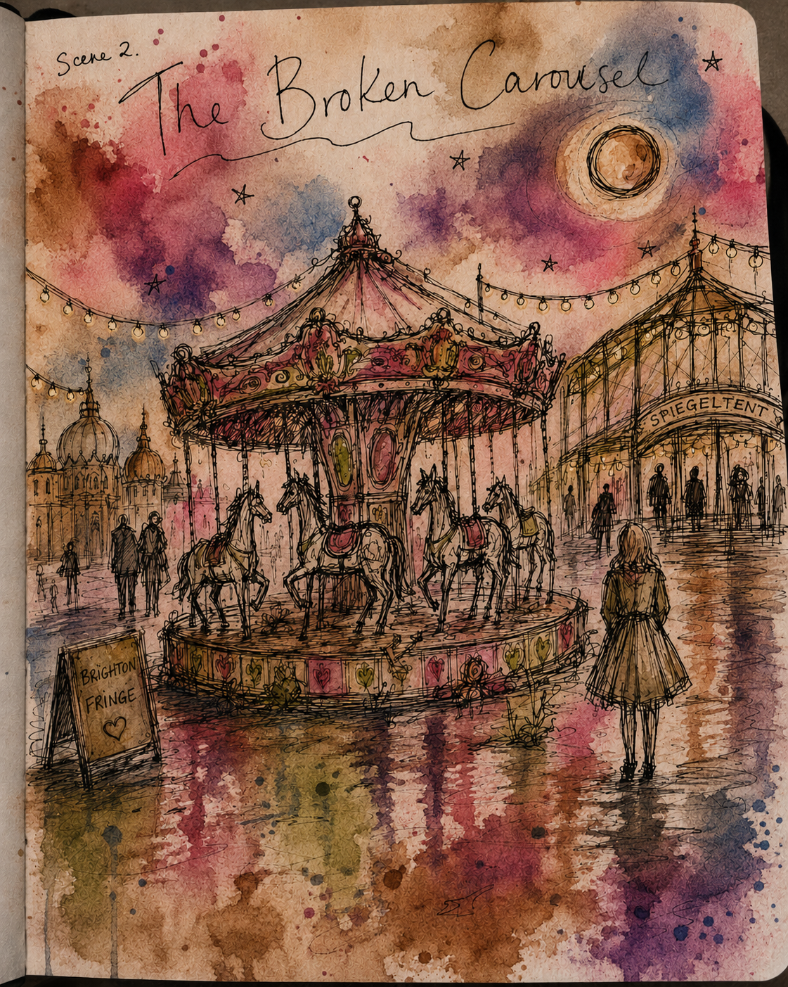 Watercolor artwork of the broken carousel at Brighton Fringe