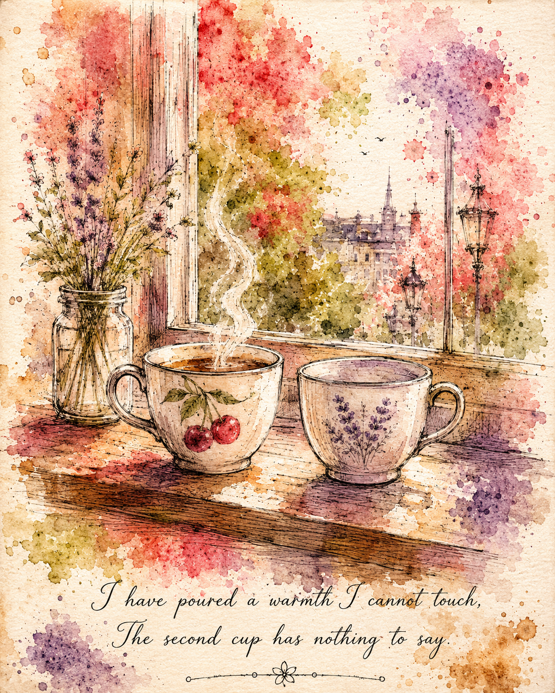 Watercolor artwork of two cups and flowers by a window