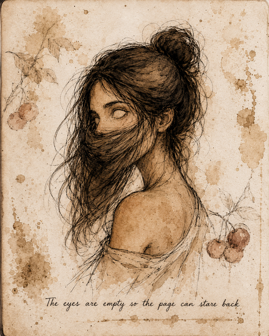 Watercolor portrait artwork with empty eyes and cherries