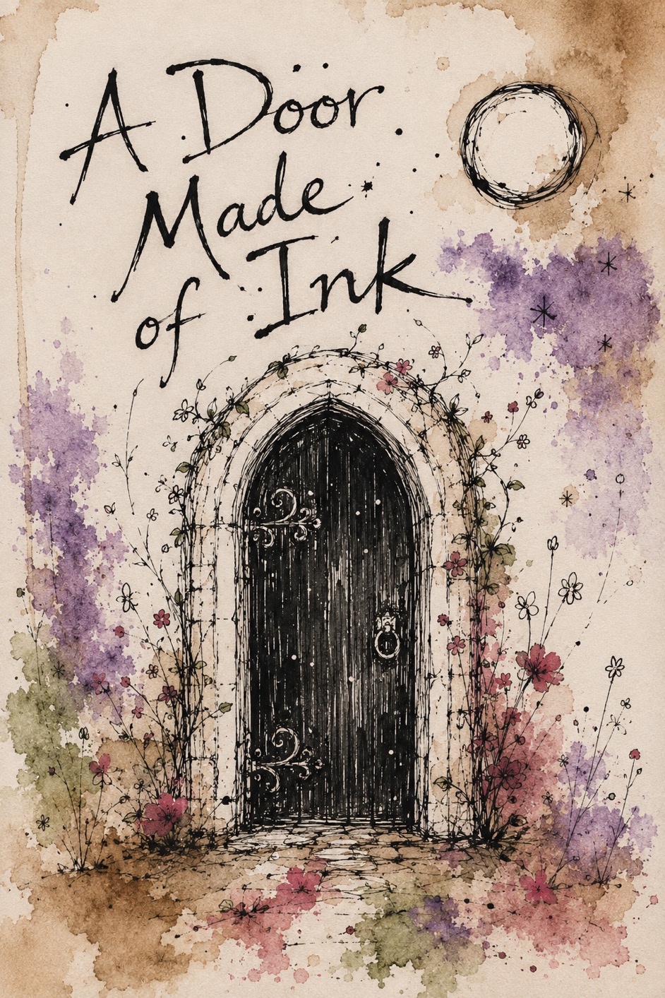 Watercolor cover art for A Door Made of Ink showing an arched black door