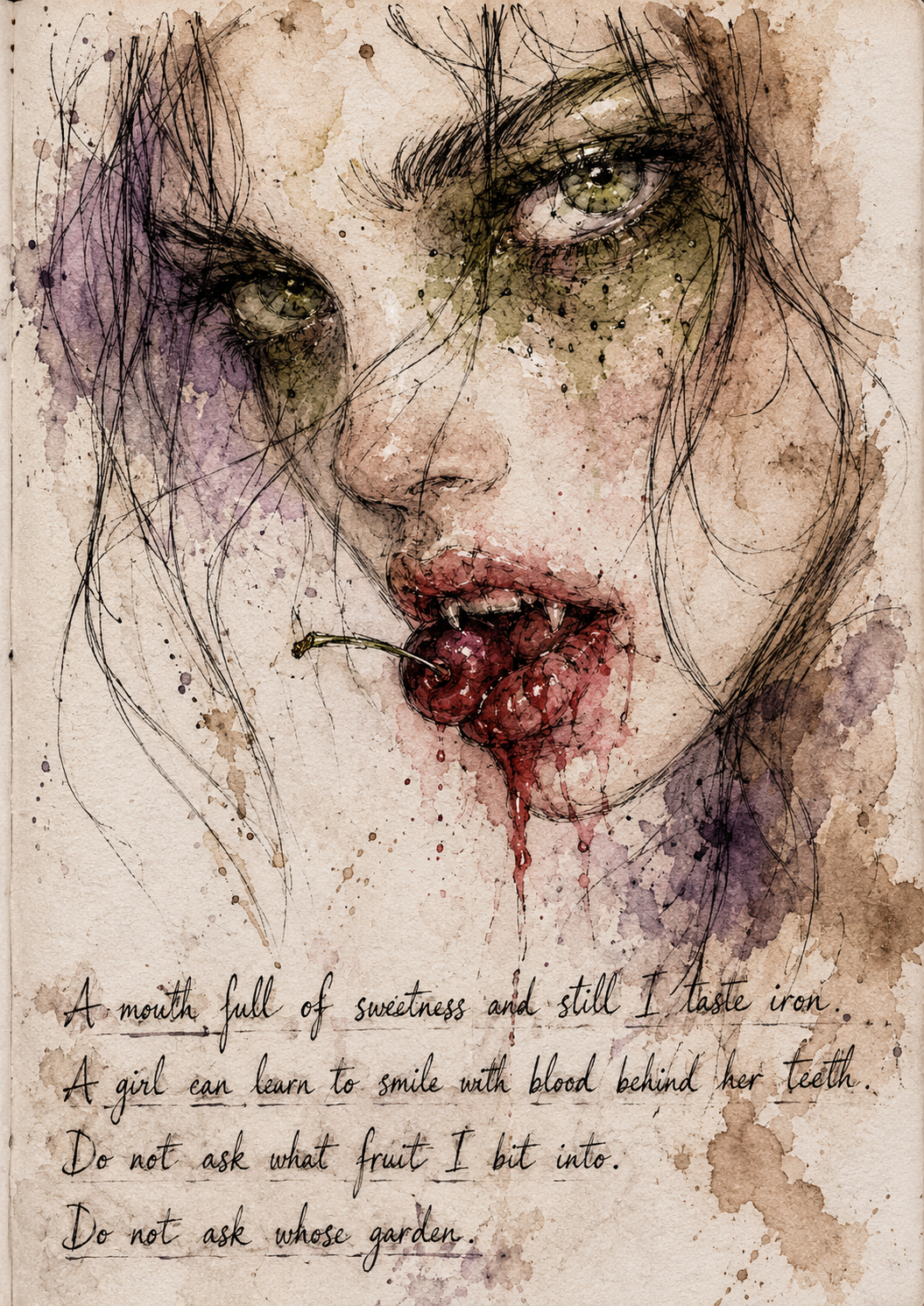 Watercolor portrait artwork with handwritten lines about sweetness and iron