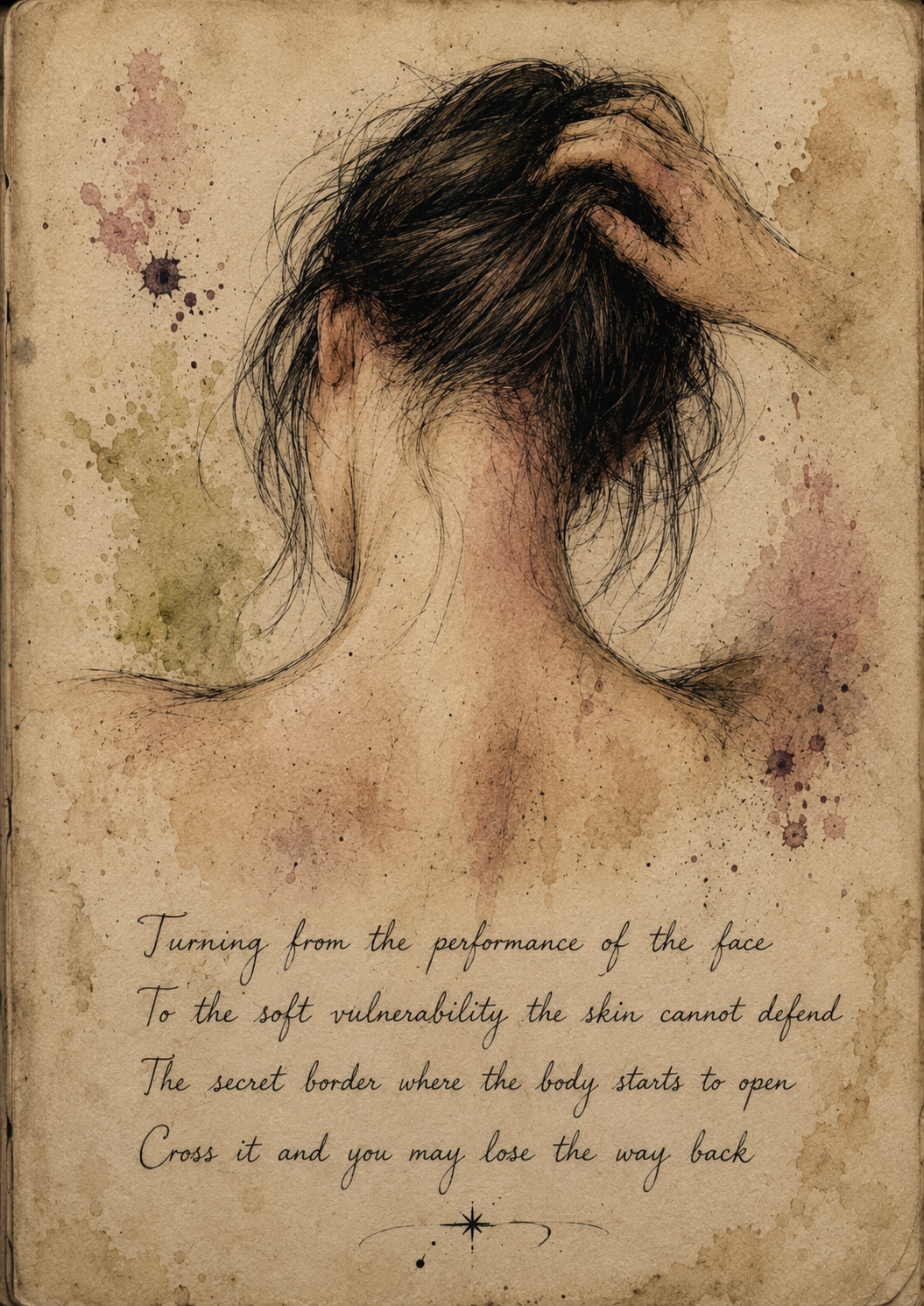 Watercolor artwork of the back of a neck and hand in hair