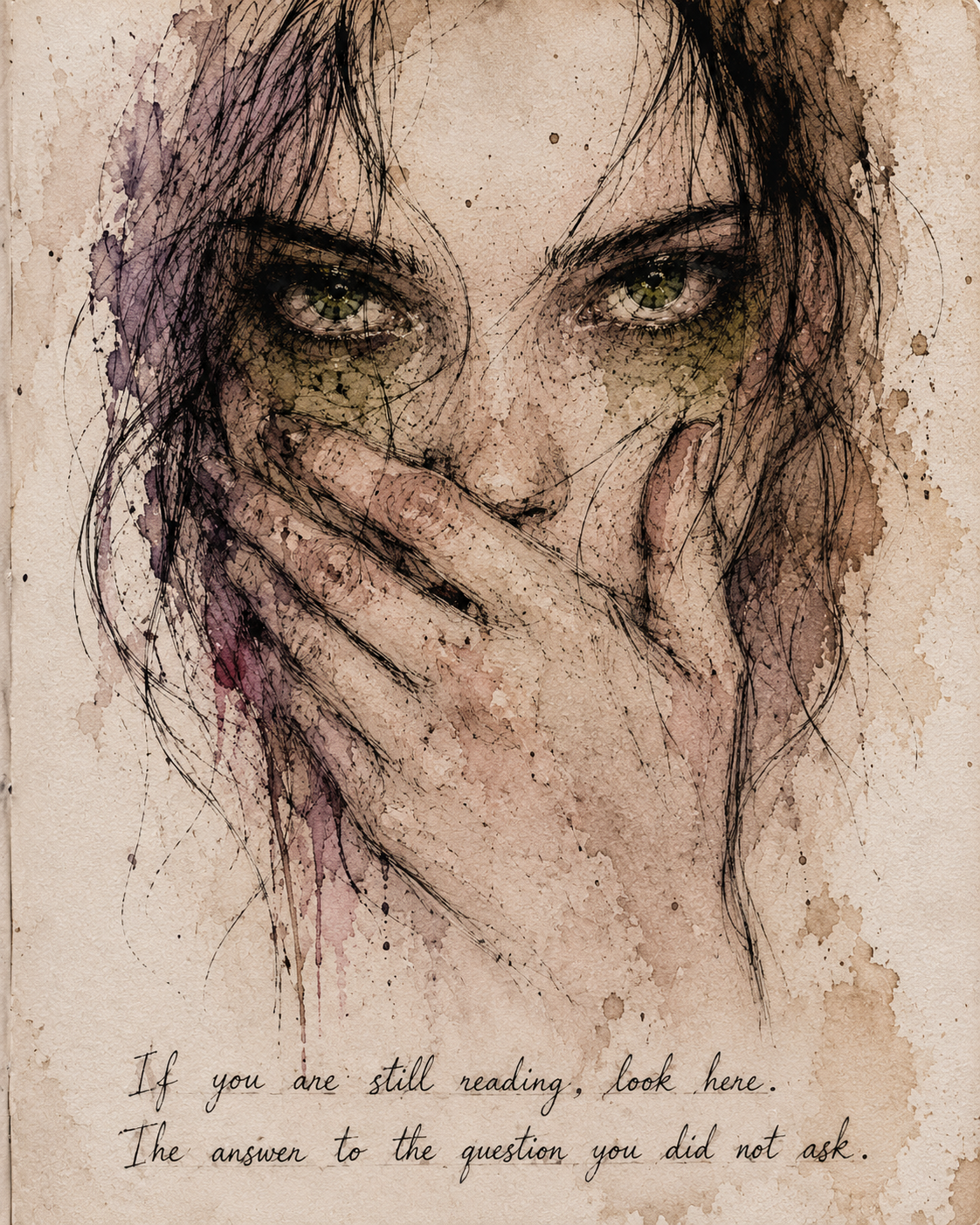 Watercolor portrait artwork with a hand covering a mouth