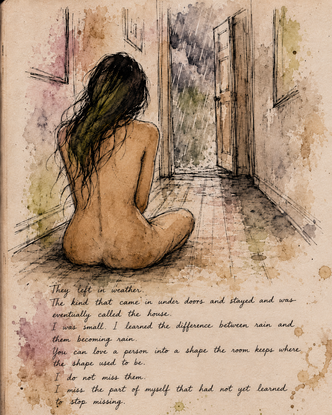 Watercolor artwork of a woman seated near an open door in the rain