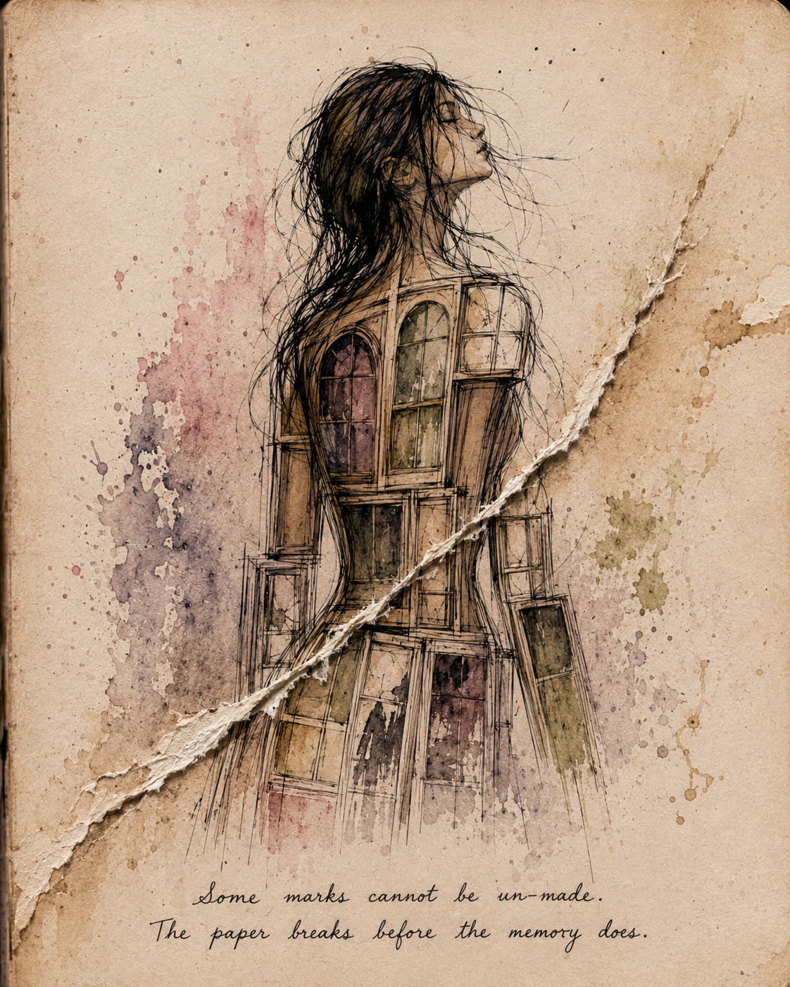 Watercolor artwork of a woman formed from windows with torn paper